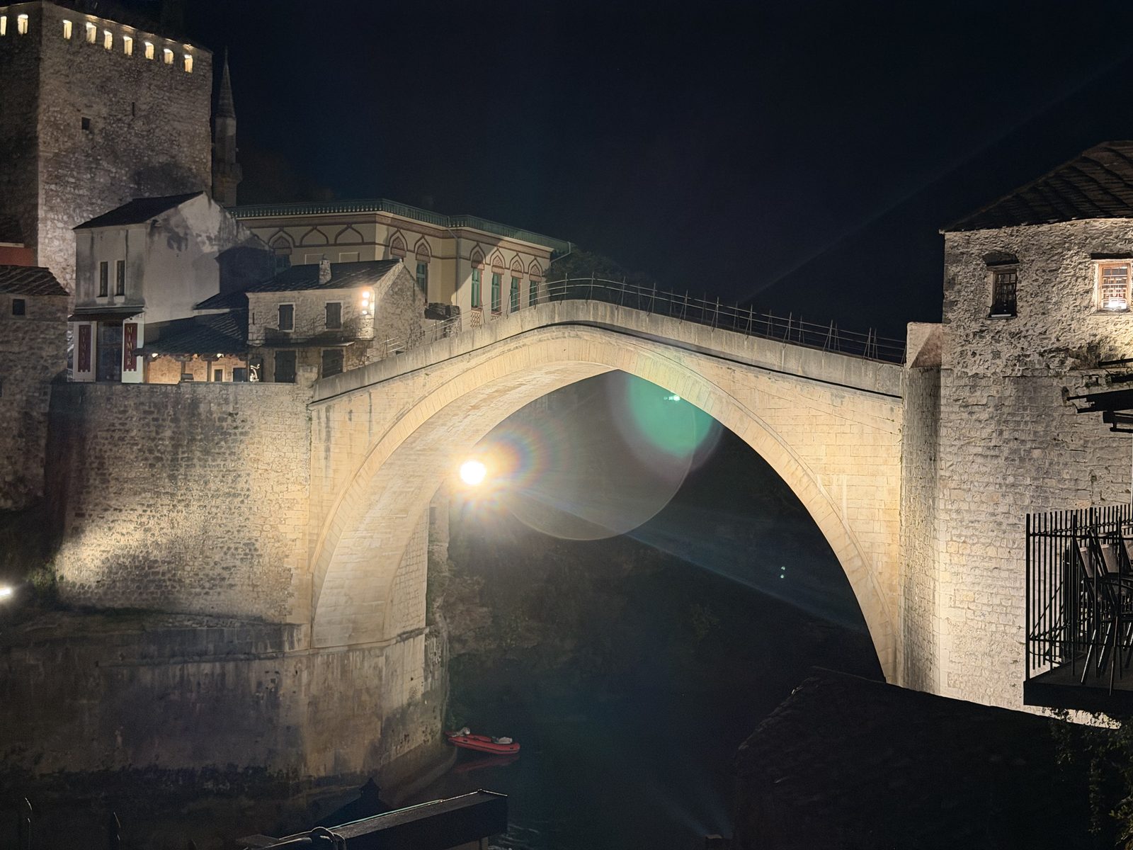 The Stari Most bridge in Mostar, lit up at night
